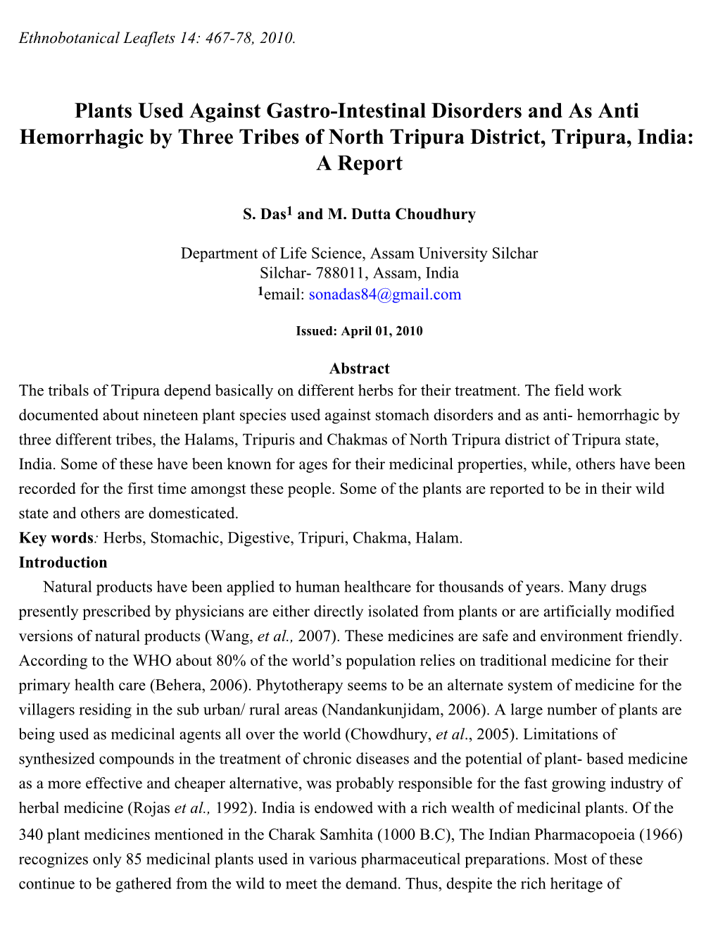 Plants Used Against Gastro-Intestinal Disorders and As Anti Hemorrhagic by Three Tribes of North Tripura District, Tripura, India: a Report