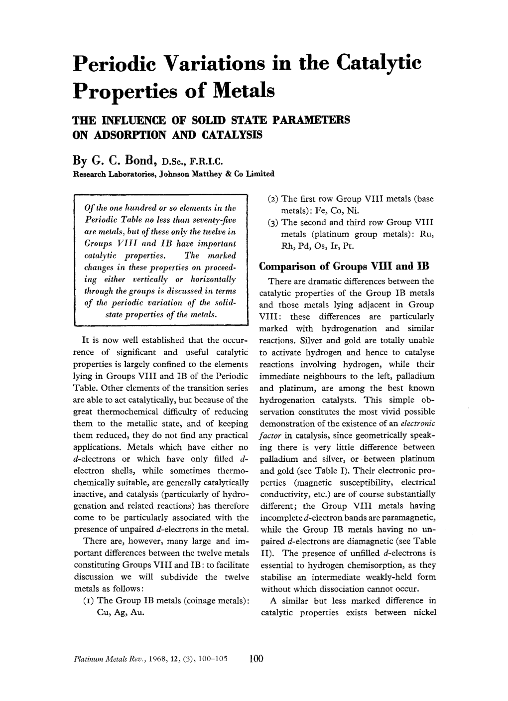 Periodic Variations in the Catalytic Properties of Metals the INFLUENCE of SOLID STATE PARAMETERS on ADSORPTION and CATALYSIS