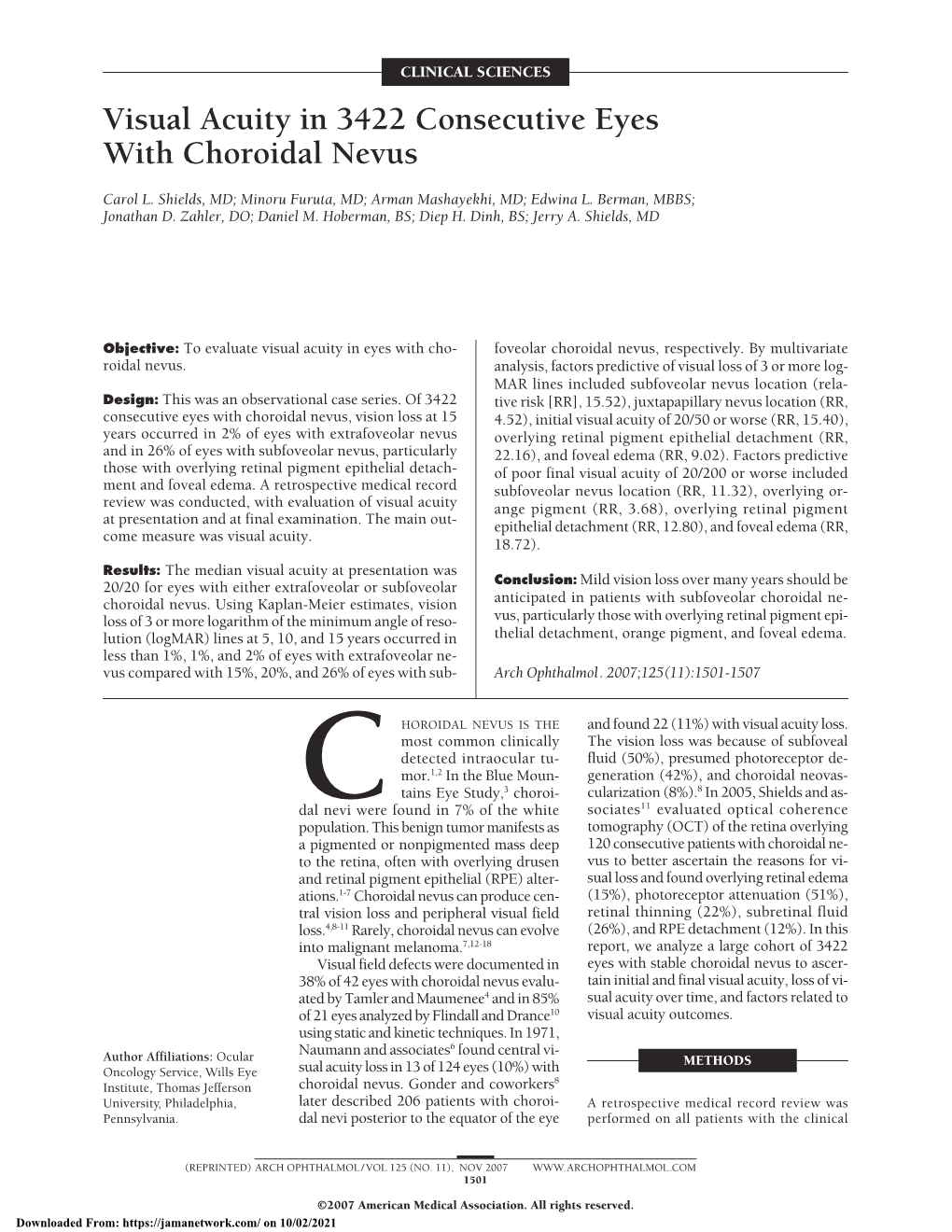 Visual Acuity in 3422 Consecutive Eyes with Choroidal Nevus