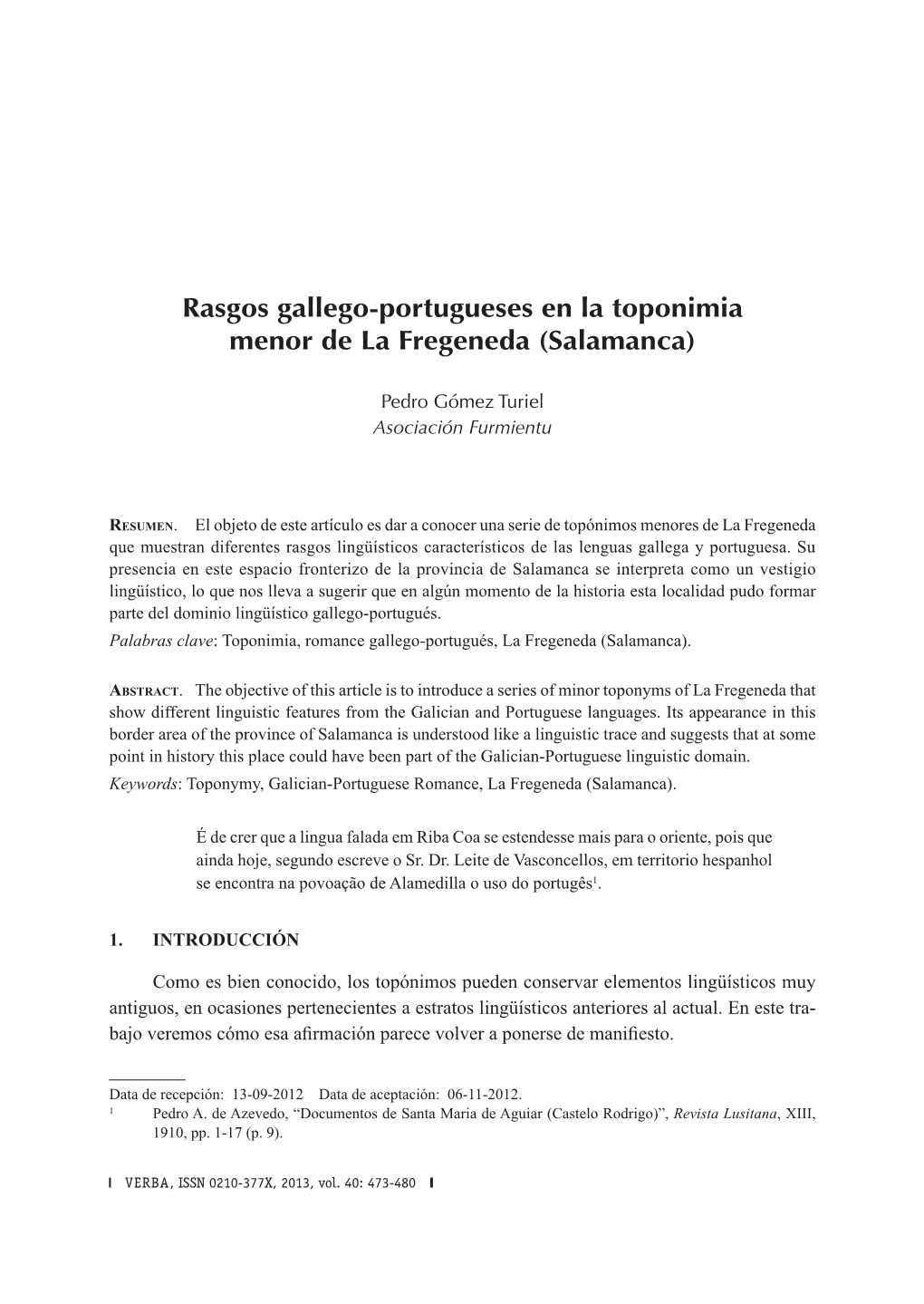 Rasgos Gallego-Portugueses En La Toponimia Menor De La Fregeneda (Salamanca)