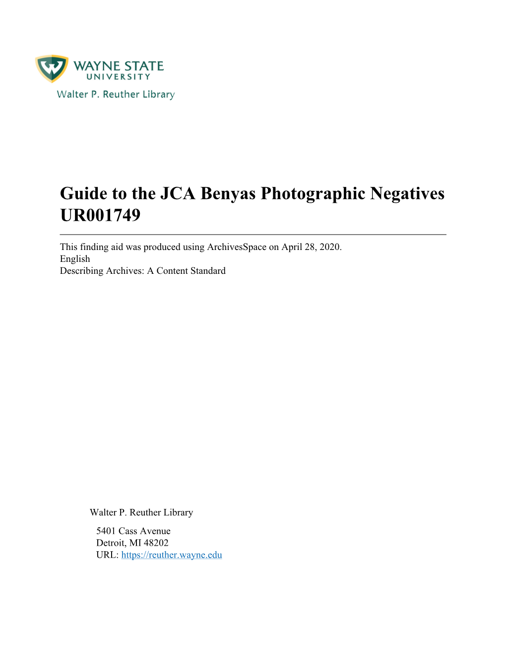 Guide to the JCA Benyas Photographic Negatives UR001749