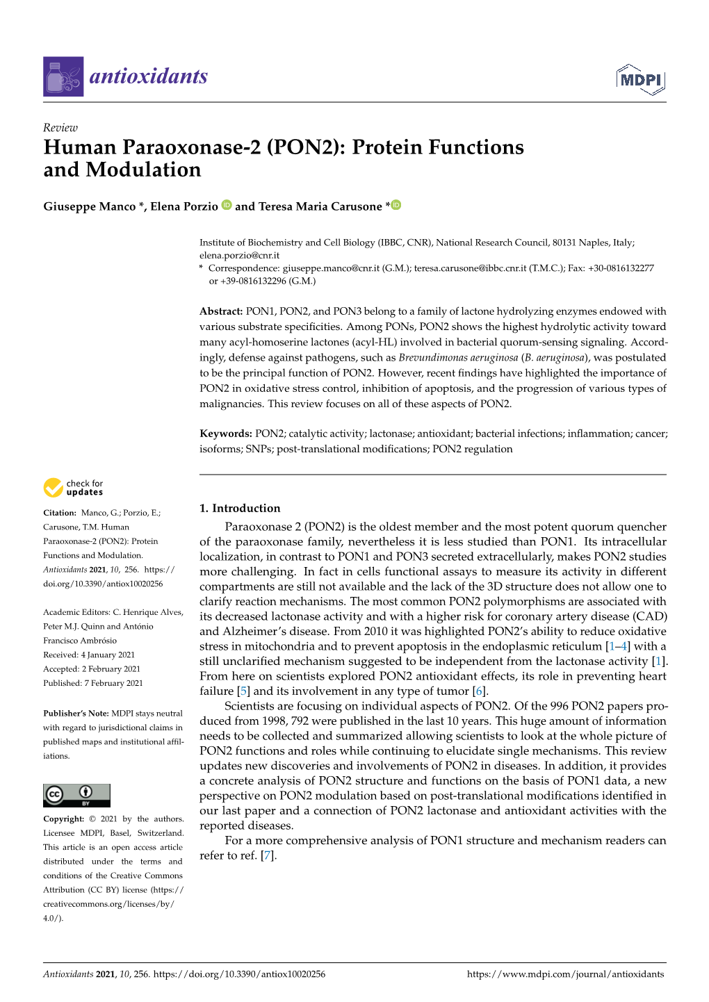 Human Paraoxonase-2 (PON2): Protein Functions and Modulation