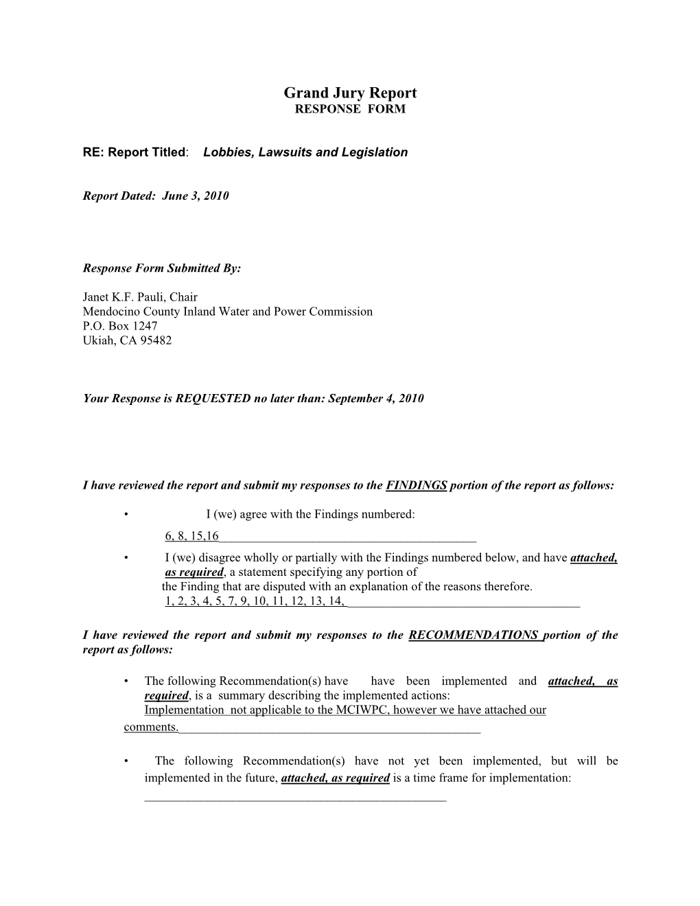 Grand Jury Report RESPONSE FORM