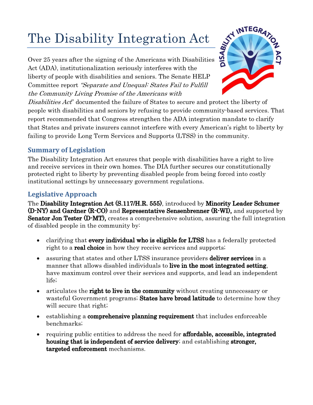 Disability Integration Act Legislative Packet (Democratic Version-Printer