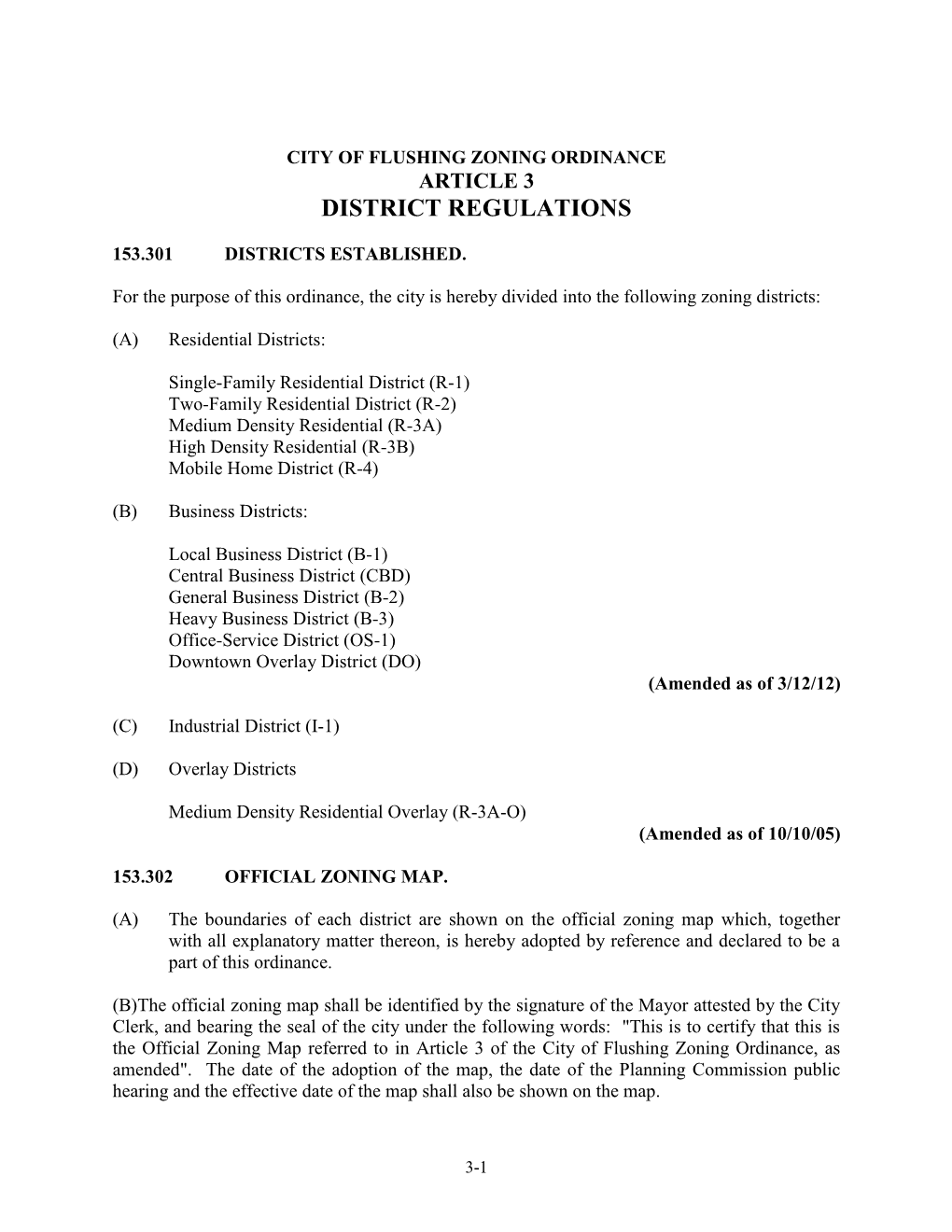 City of Flushing Zoning Ordinance Article 3 District Regulations