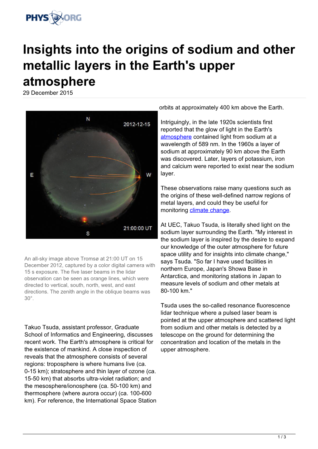 Insights Into the Origins of Sodium and Other Metallic Layers in the Earth's Upper Atmosphere 29 December 2015