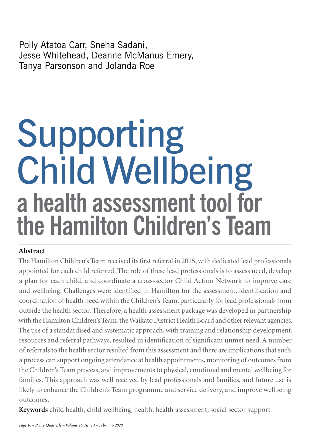 A Health Assessment Tool for the Hamilton Children's Team