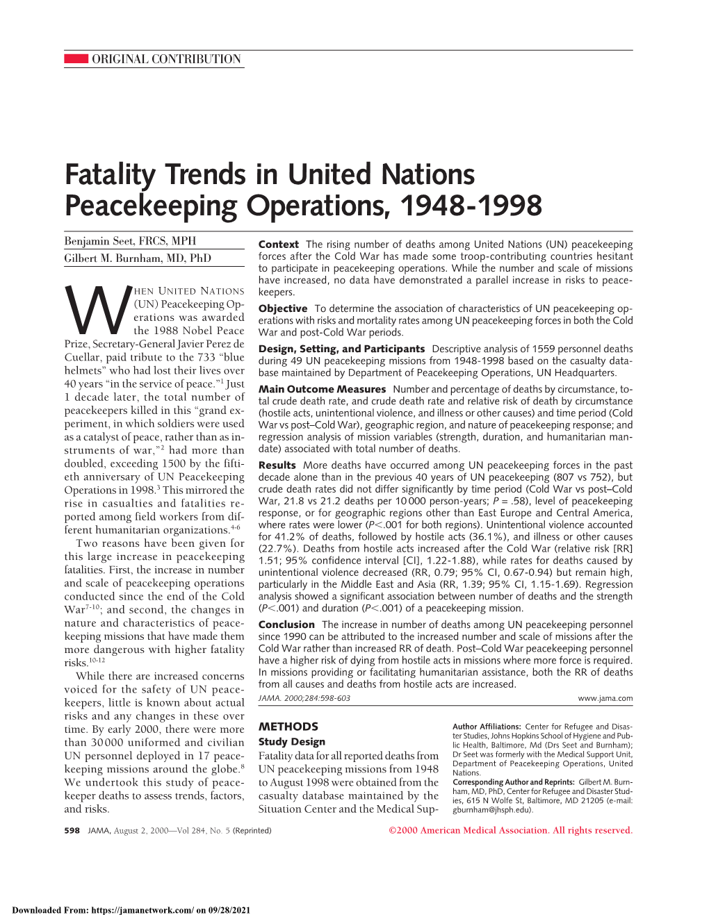 Fatality Trends in United Nations Peacekeeping Operations, 1948-1998