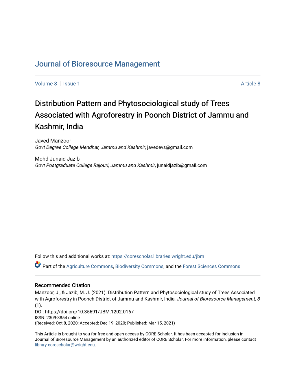 Distribution Pattern and Phytosociological Study of Trees Associated with Agroforestry in Poonch District of Jammu and Kashmir, India