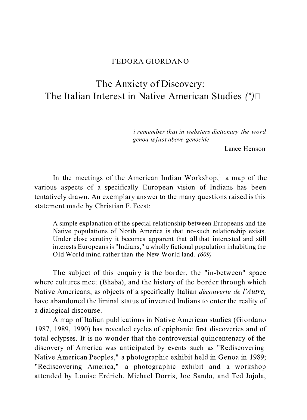 The Anxiety of Discovery: the Italian Interest in Native American Studies (*)