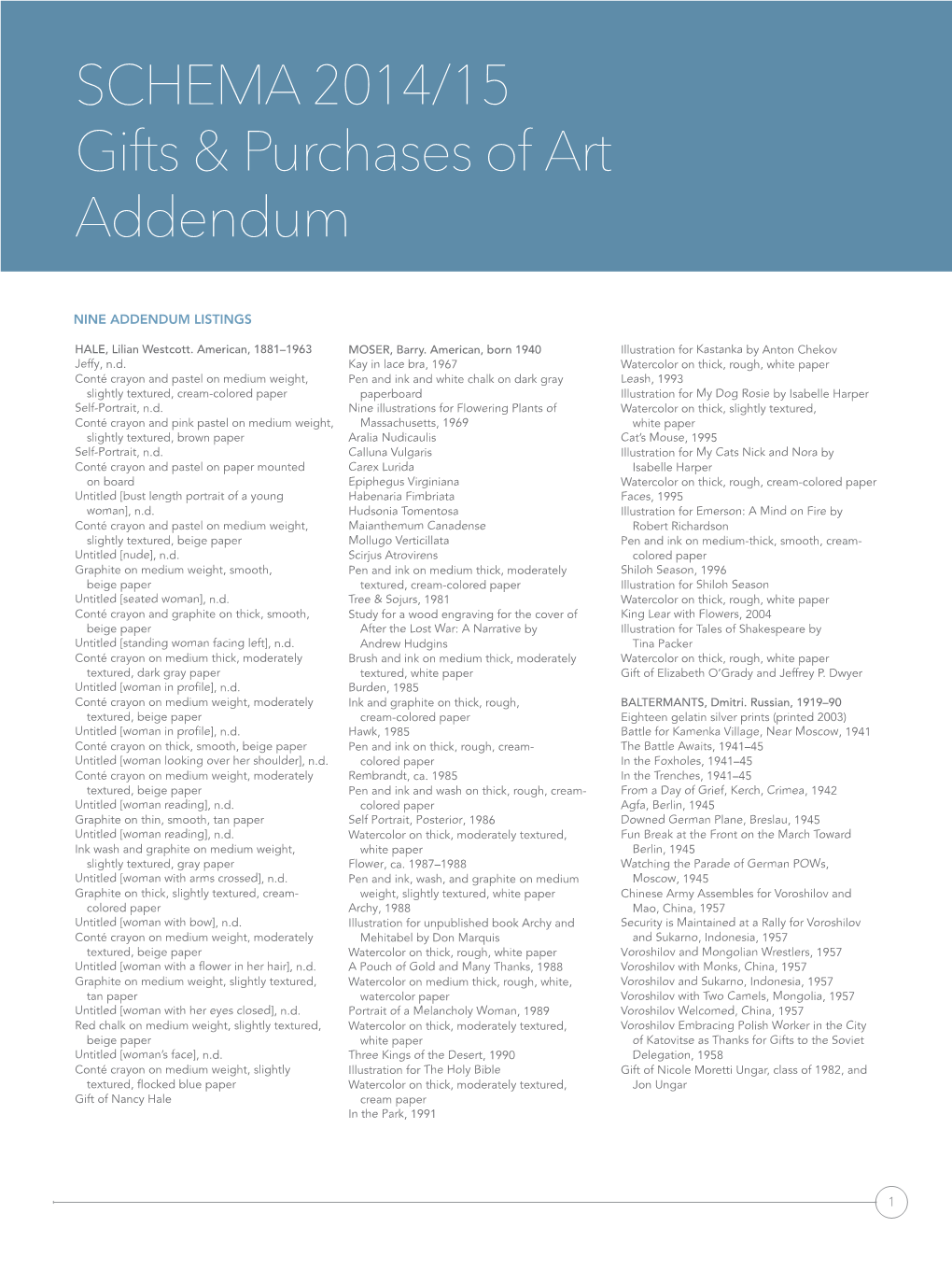 SCHEMA 2014/15 Gifts & Purchases of Art Addendum