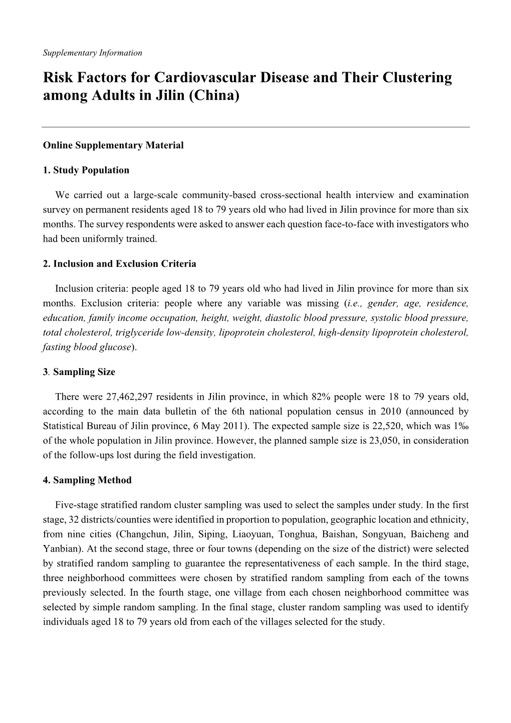 Risk Factors for Cardiovascular Disease and Their Clustering Among Adults in Jilin (China)