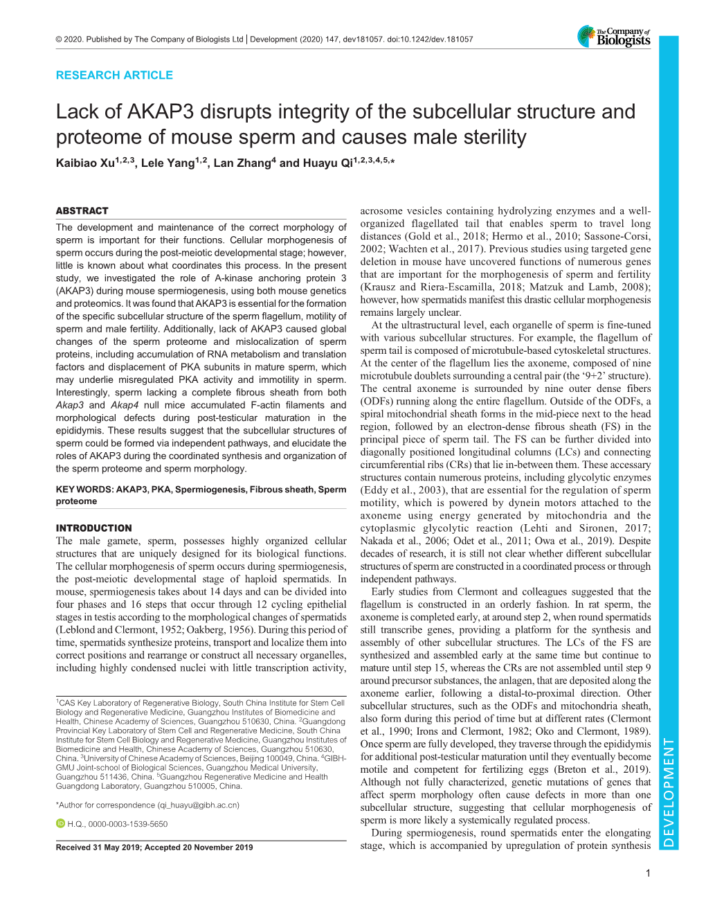 Lack of AKAP3 Disrupts Integrity of the Subcellular Structure and Proteome