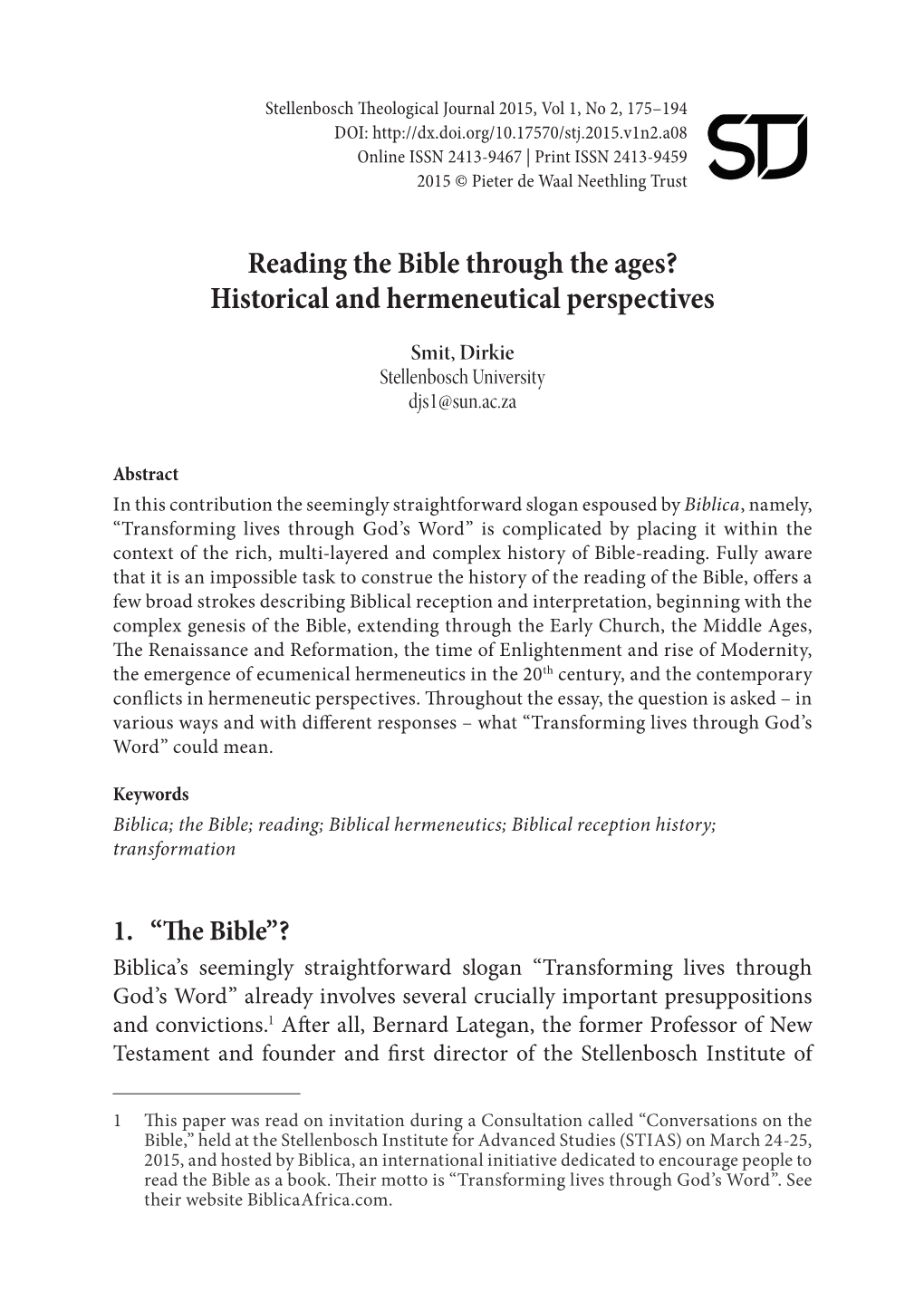 Reading the Bible Th Rough the Ages? Historical and Hermeneutical Perspectives