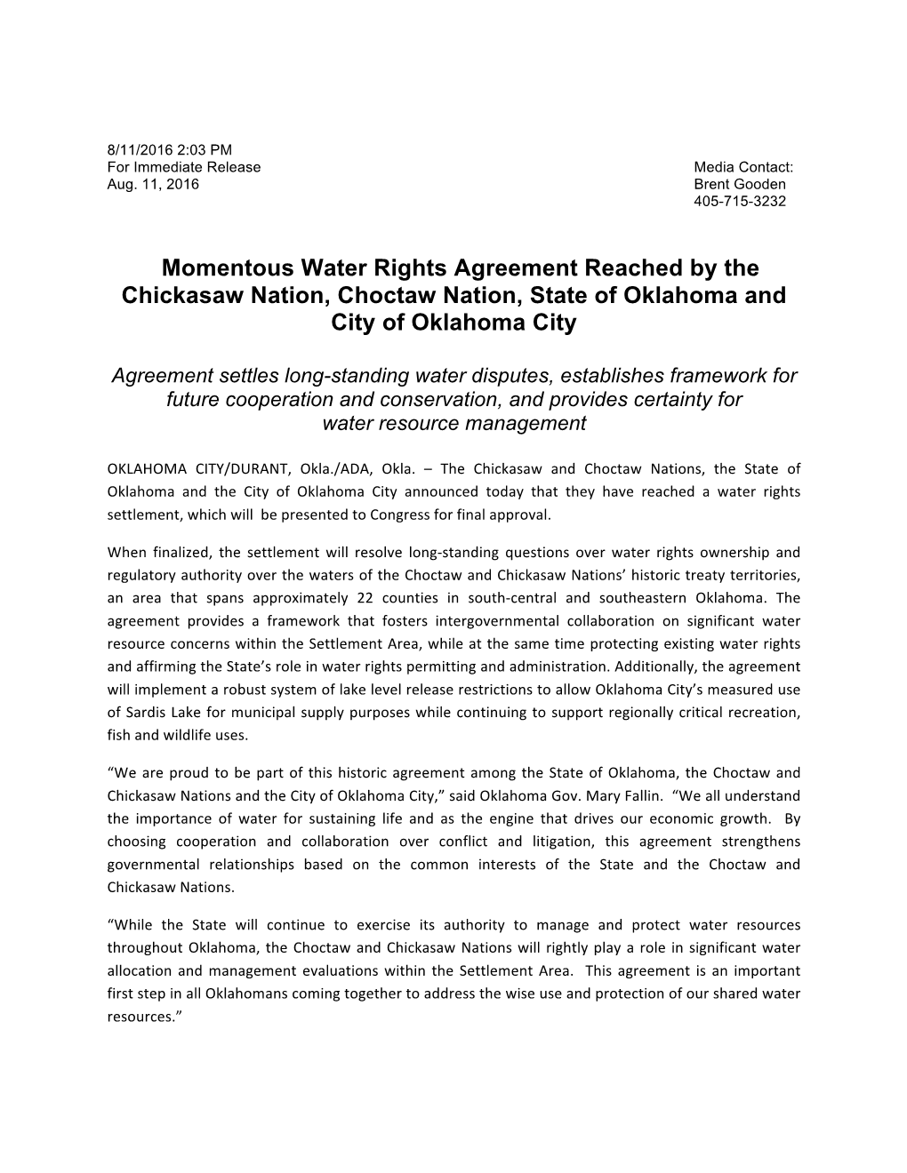 Water Rights Agreement Reached by Thechickasaw Nation, Choctaw Nation, State of Oklahoma and City of Oklahoma