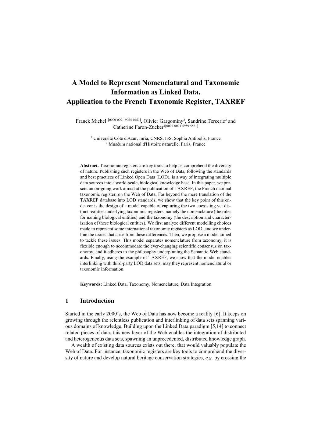 A Model to Represent Nomenclatural and Taxonomic Information As Linked Data