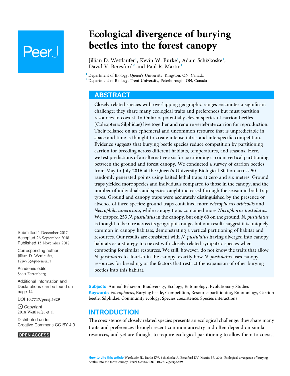 Ecological Divergence of Burying Beetles Into the Forest Canopy