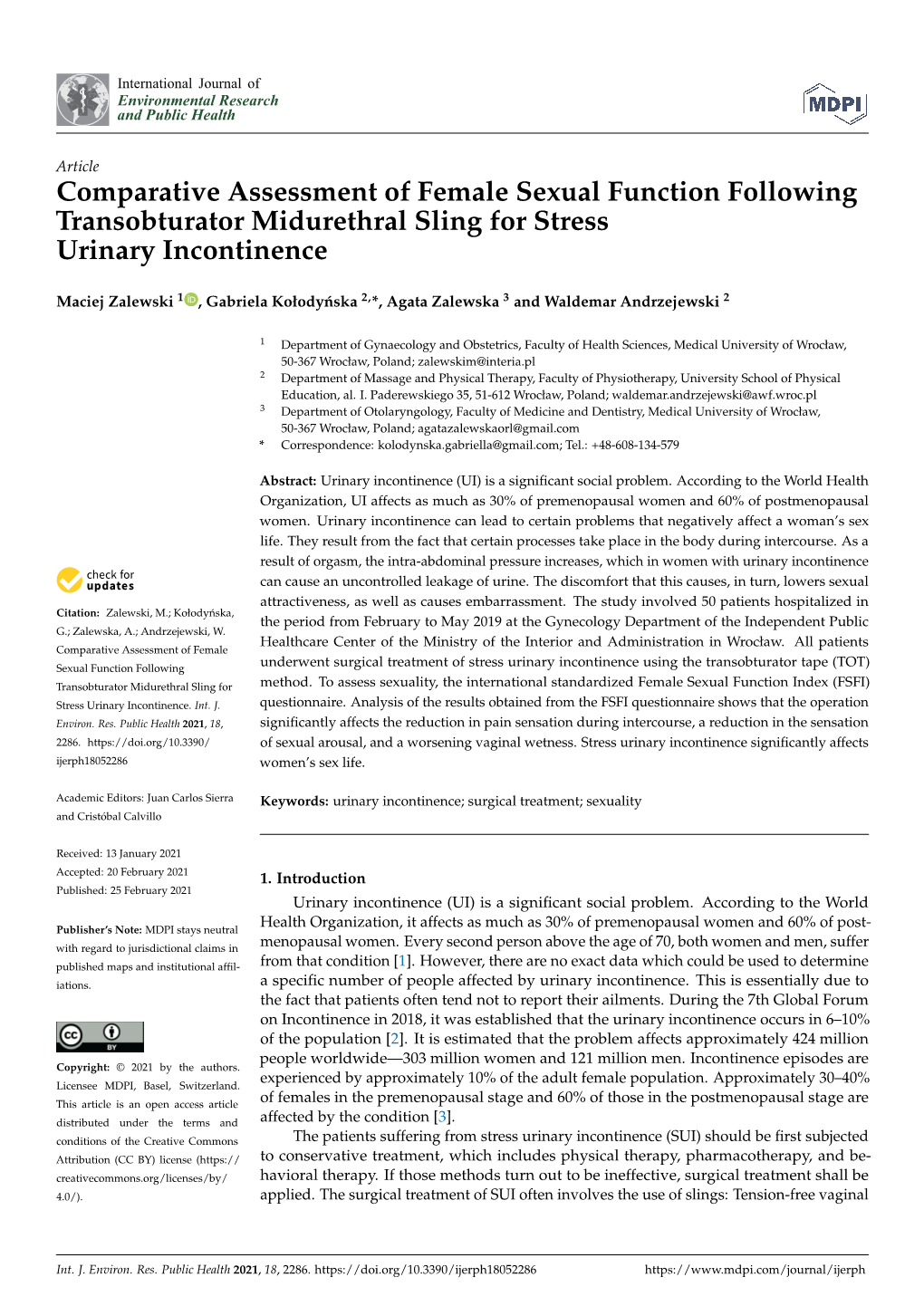 Comparative Assessment of Female Sexual Function Following Transobturator Midurethral Sling for Stress Urinary Incontinence