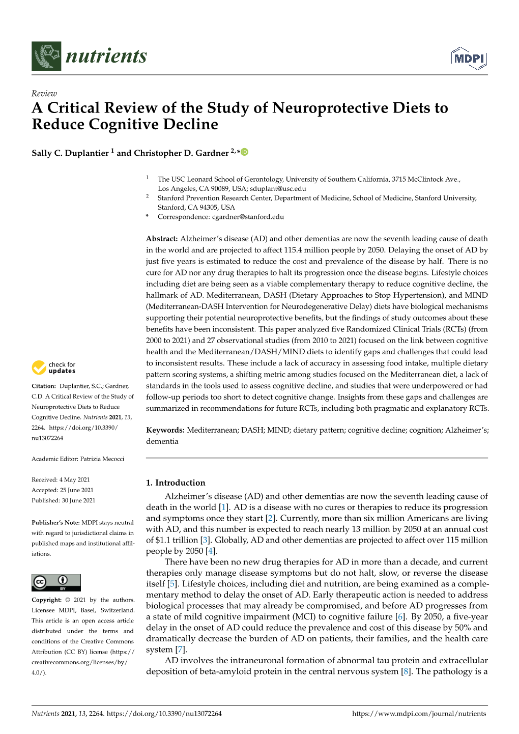 A Critical Review of the Study of Neuroprotective Diets to Reduce Cognitive Decline