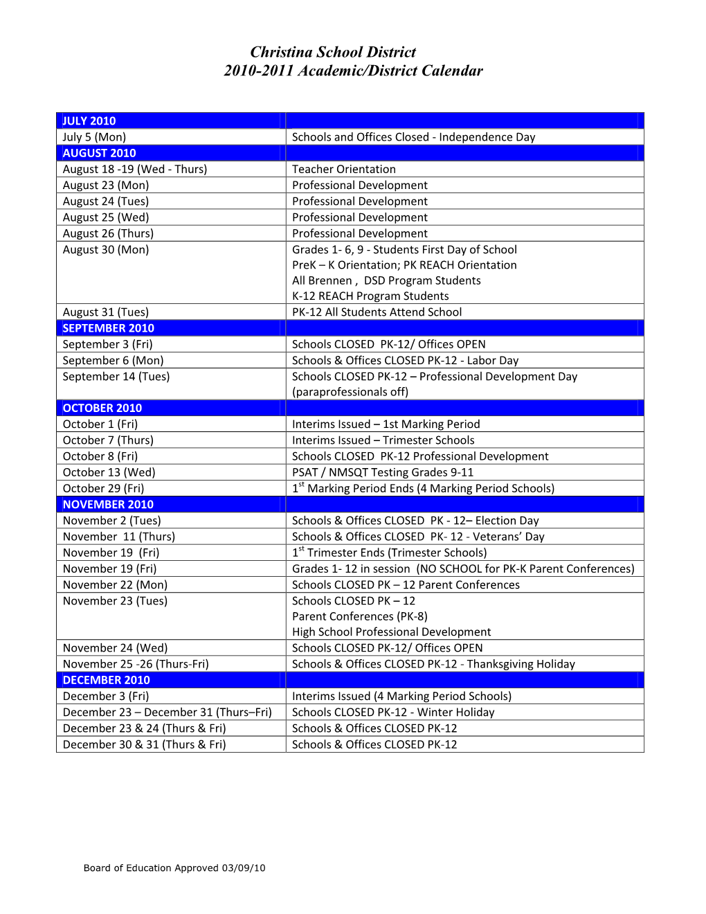 Christina School District 2010-2011 Academic/District Calendar