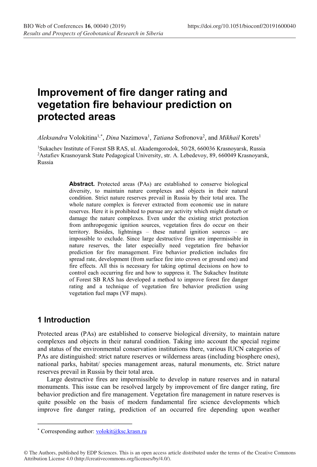 Improvement of Fire Danger Rating and Vegetation Fire Behaviour Prediction on Protected Areas