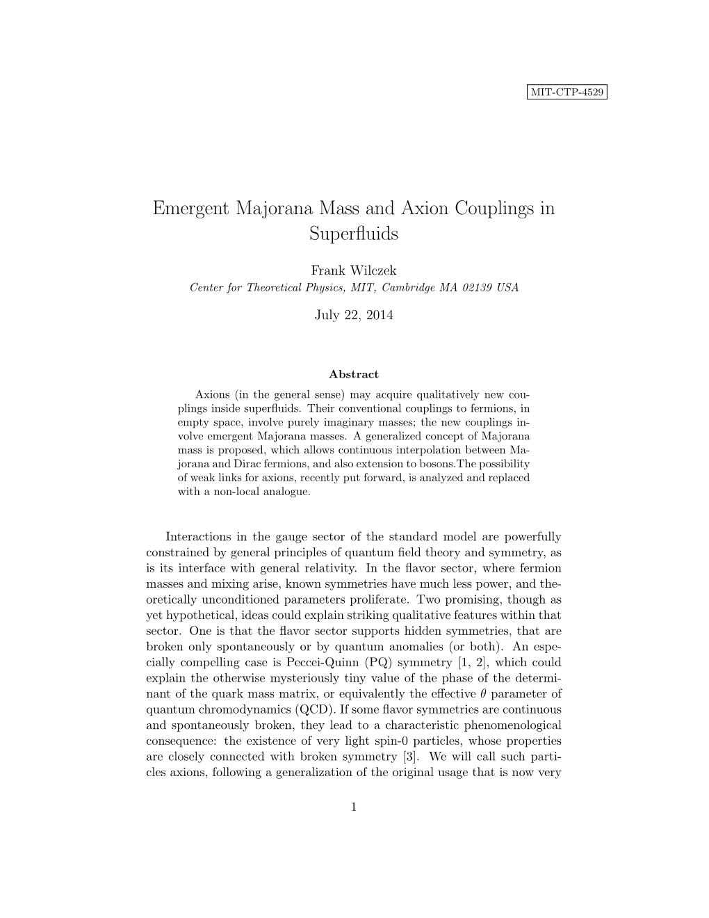 Emergent Majorana Mass and Axion Couplings in Superﬂuids