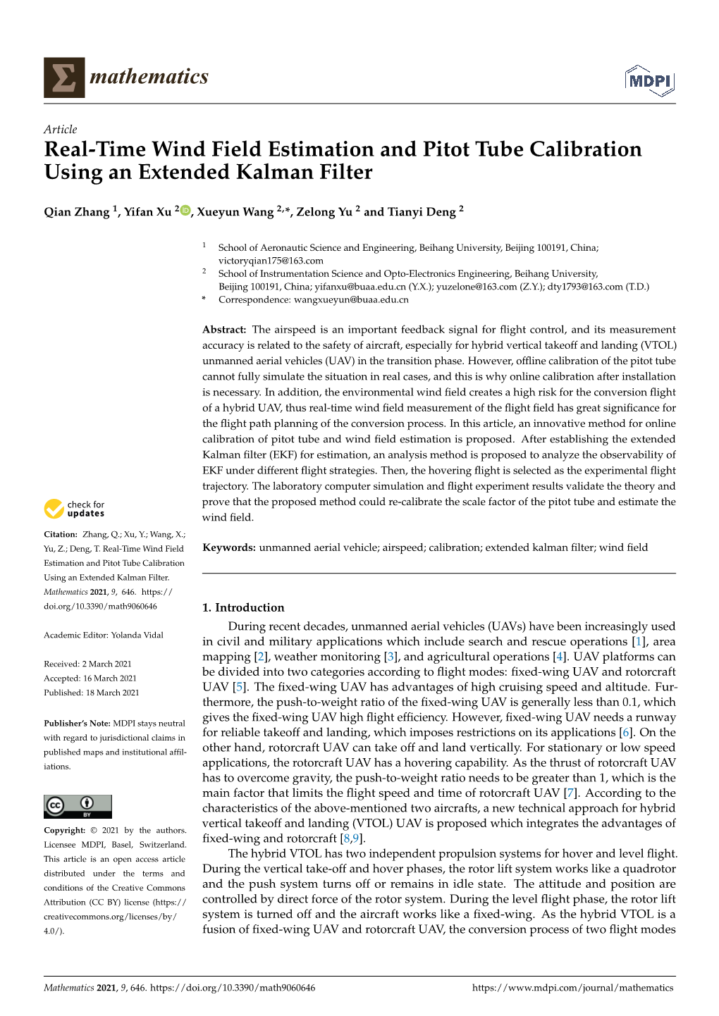 Real-Time Wind Field Estimation and Pitot Tube Calibration Using an Extended Kalman Filter