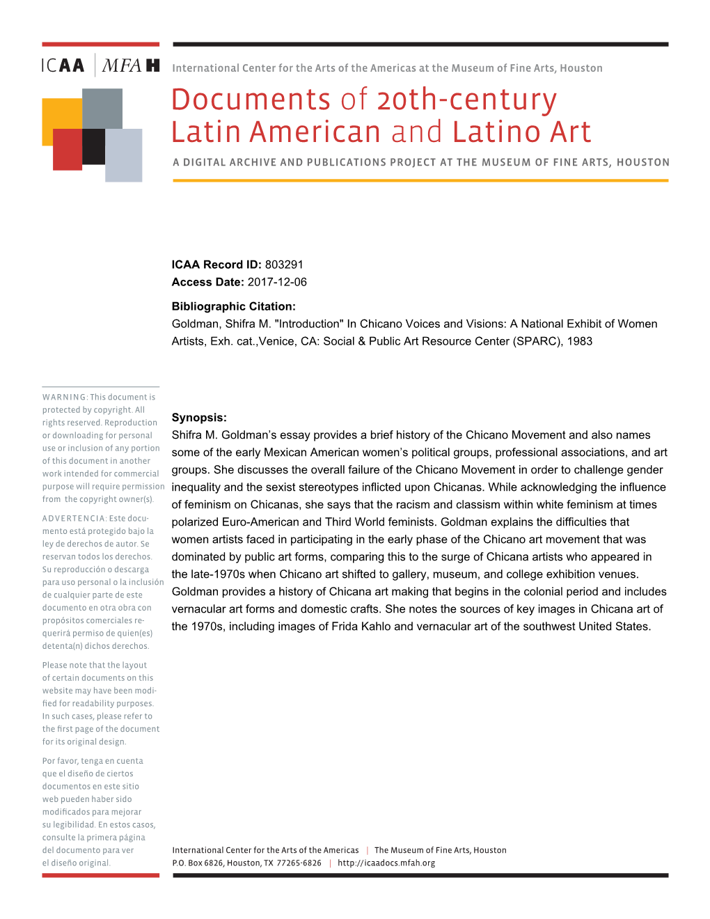 Documents of 20Th-Century Latin American and Latino Art a DIGITAL ARCHIVE and PUBLICATIONS PROJECT at the MUSEUM of FINE ARTS, HOUSTON