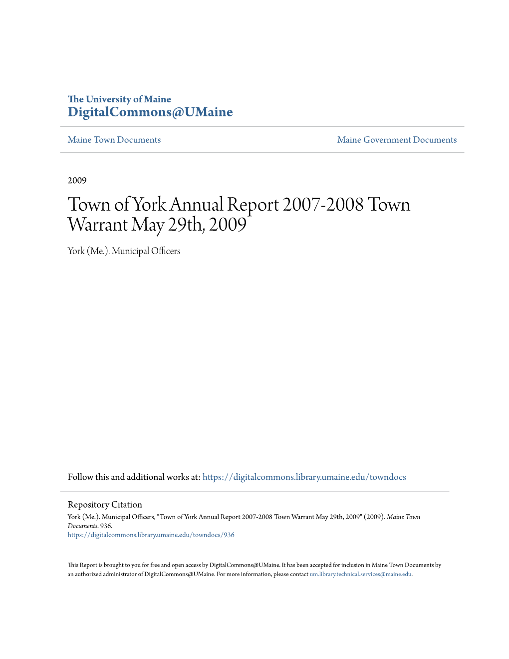 Town of York Annual Report 2007-2008 Town Warrant May 29Th, 2009 York (Me.)