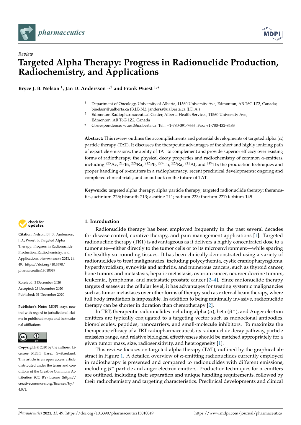 Targeted Alpha Therapy: Progress in Radionuclide Production, Radiochemistry, and Applications