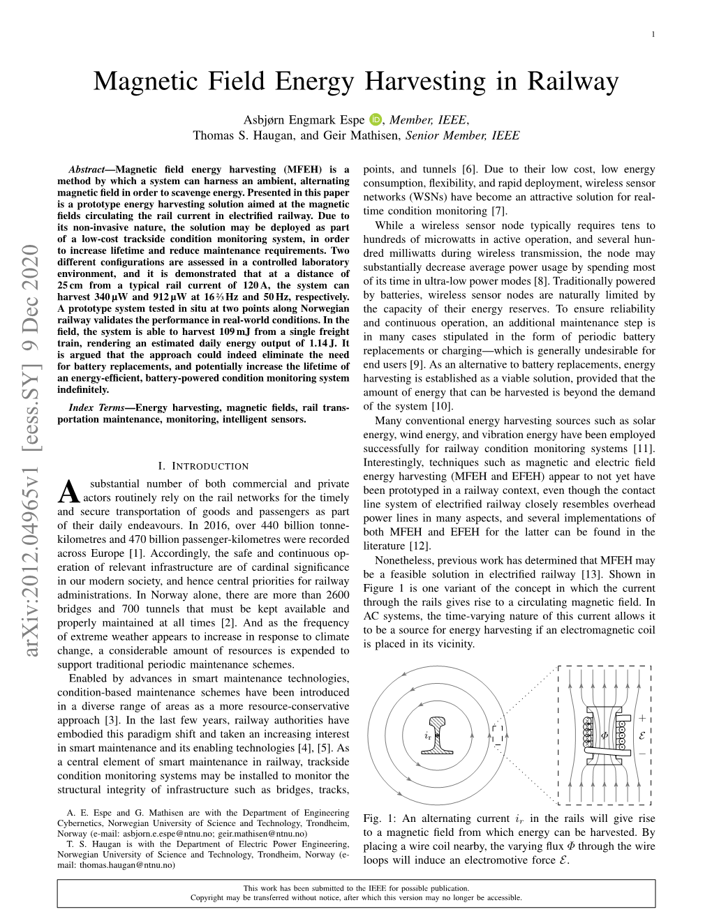 Magnetic Field Energy Harvesting in Railway