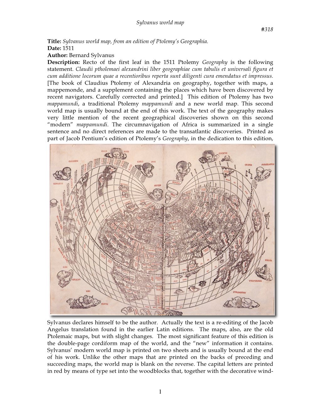 Sylvanus World Map, from an Edition of Ptolemy's