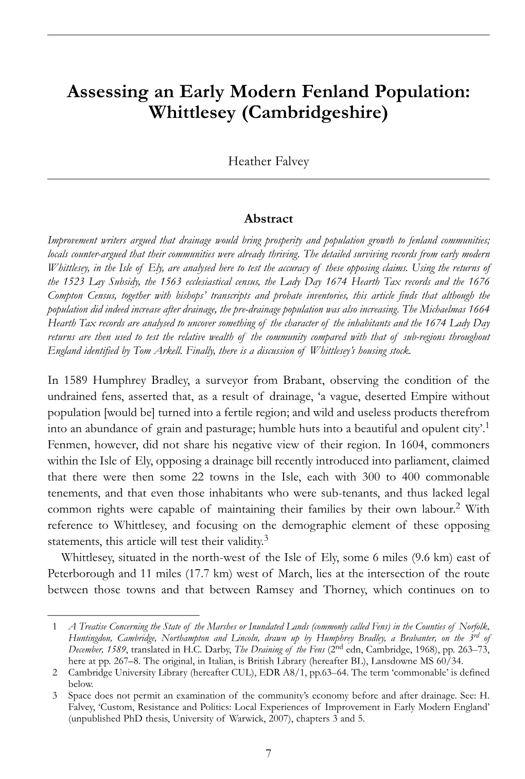 Assessing an Early Modern Fenland Population: Whittlesey (Cambridgeshire)