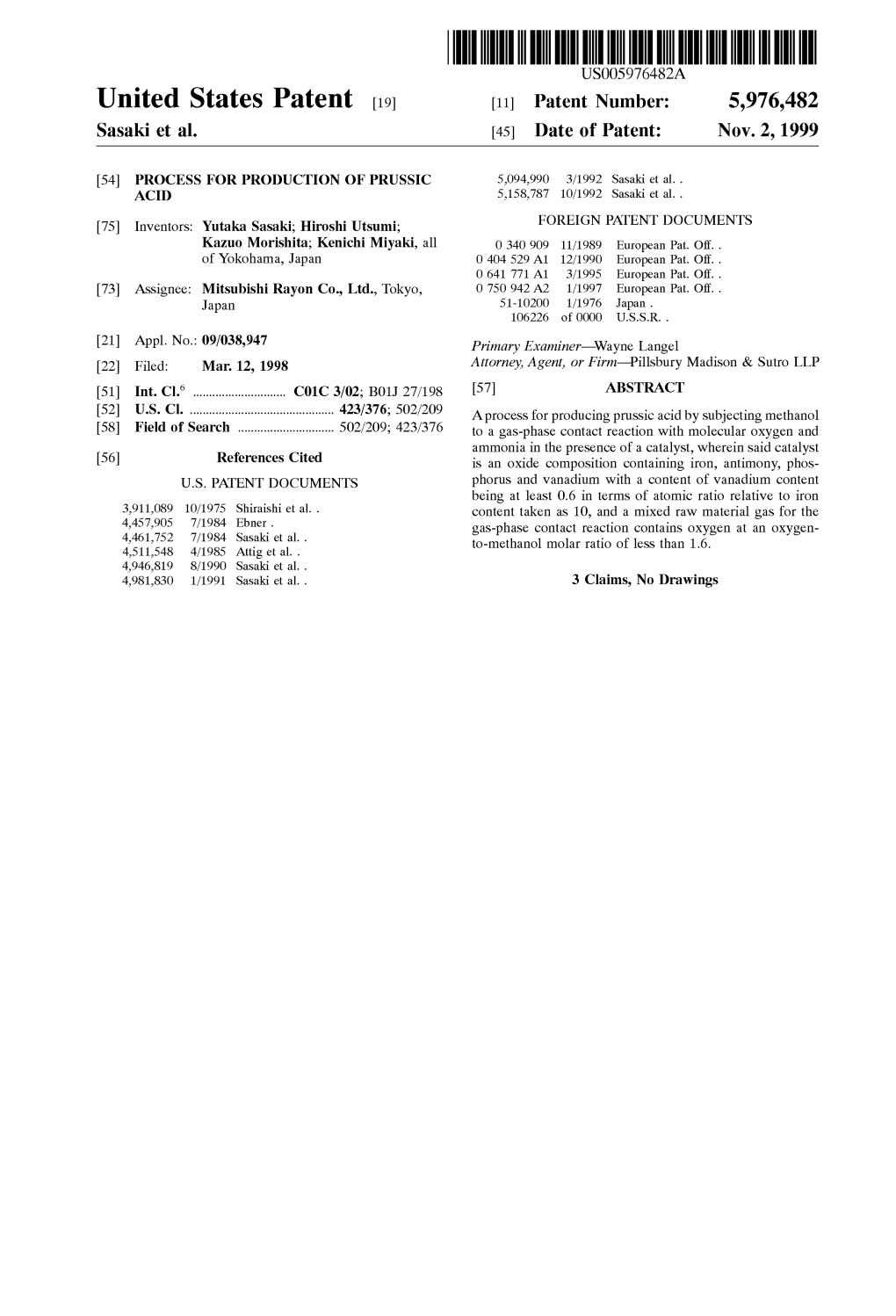 United States Patent (19) 11 Patent Number: 5,976,482 Sasaki Et Al