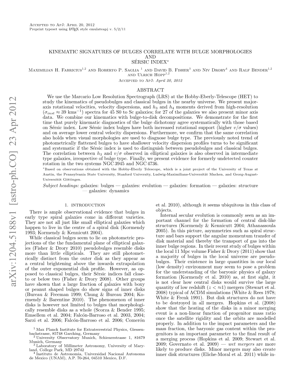 KINEMATIC SIGNATURES of BULGES CORRELATE with BULGE MORPHOLOGIES and SERSIC´ INDEX∗ Maximilian H