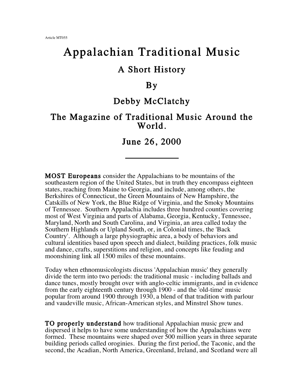 Appalachian Traditional Music a Short History by Debby Mcclatchy the Magazine of Traditional Music Around the World