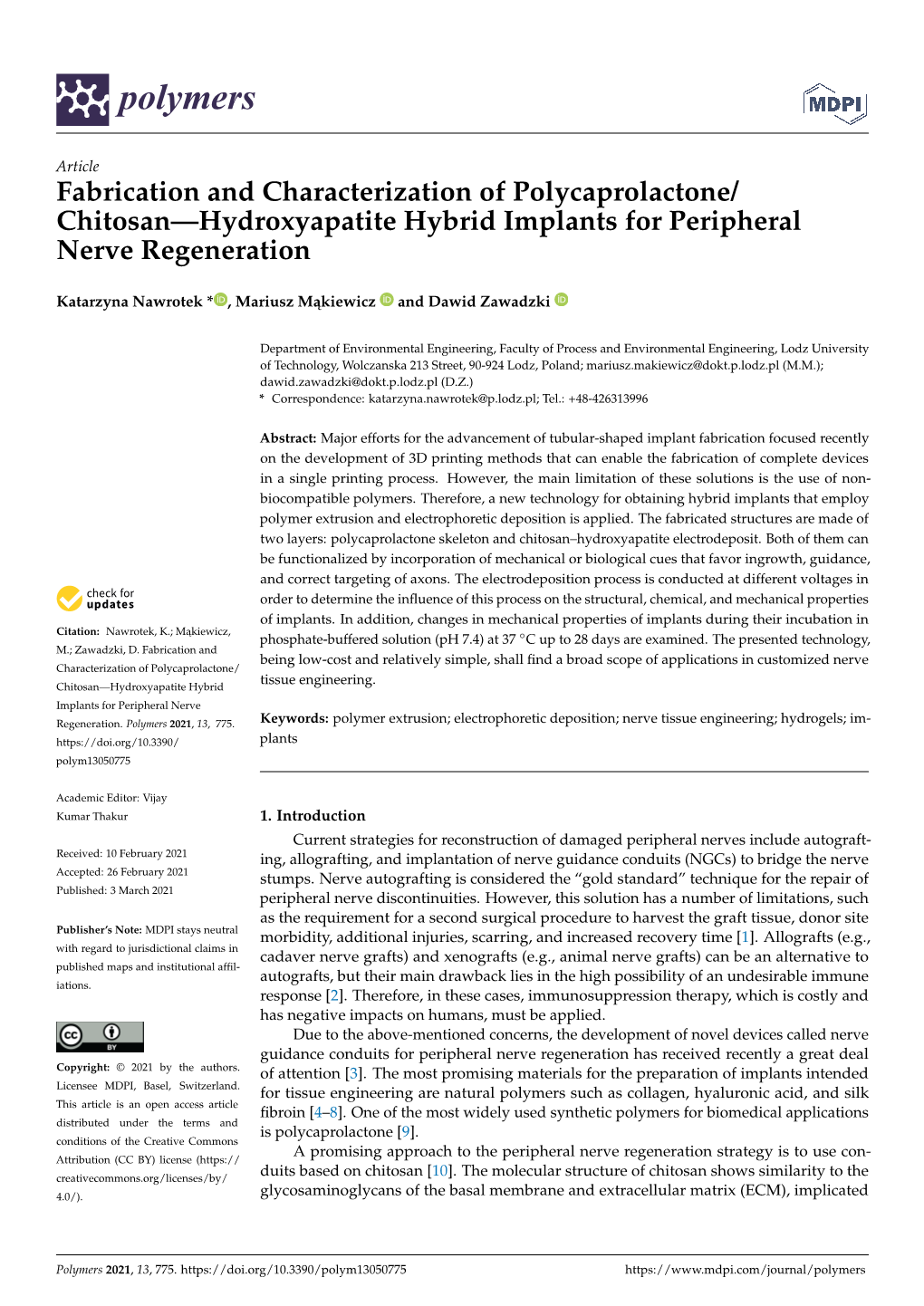 Chitosan—Hydroxyapatite Hybrid Implants for Peripheral Nerve Regeneration