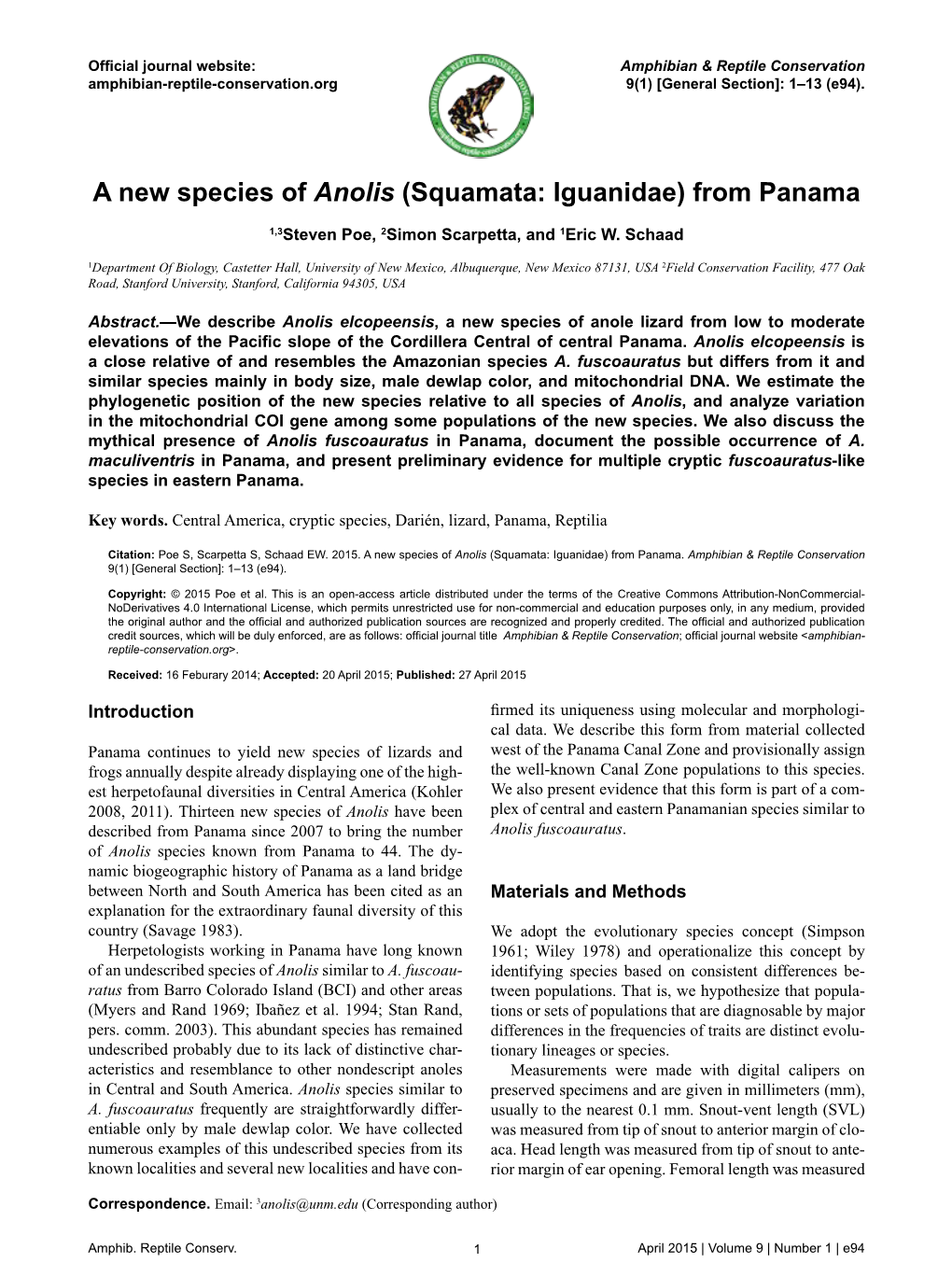 A New Species of Anolis (Squamata: Iguanidae) from Panama