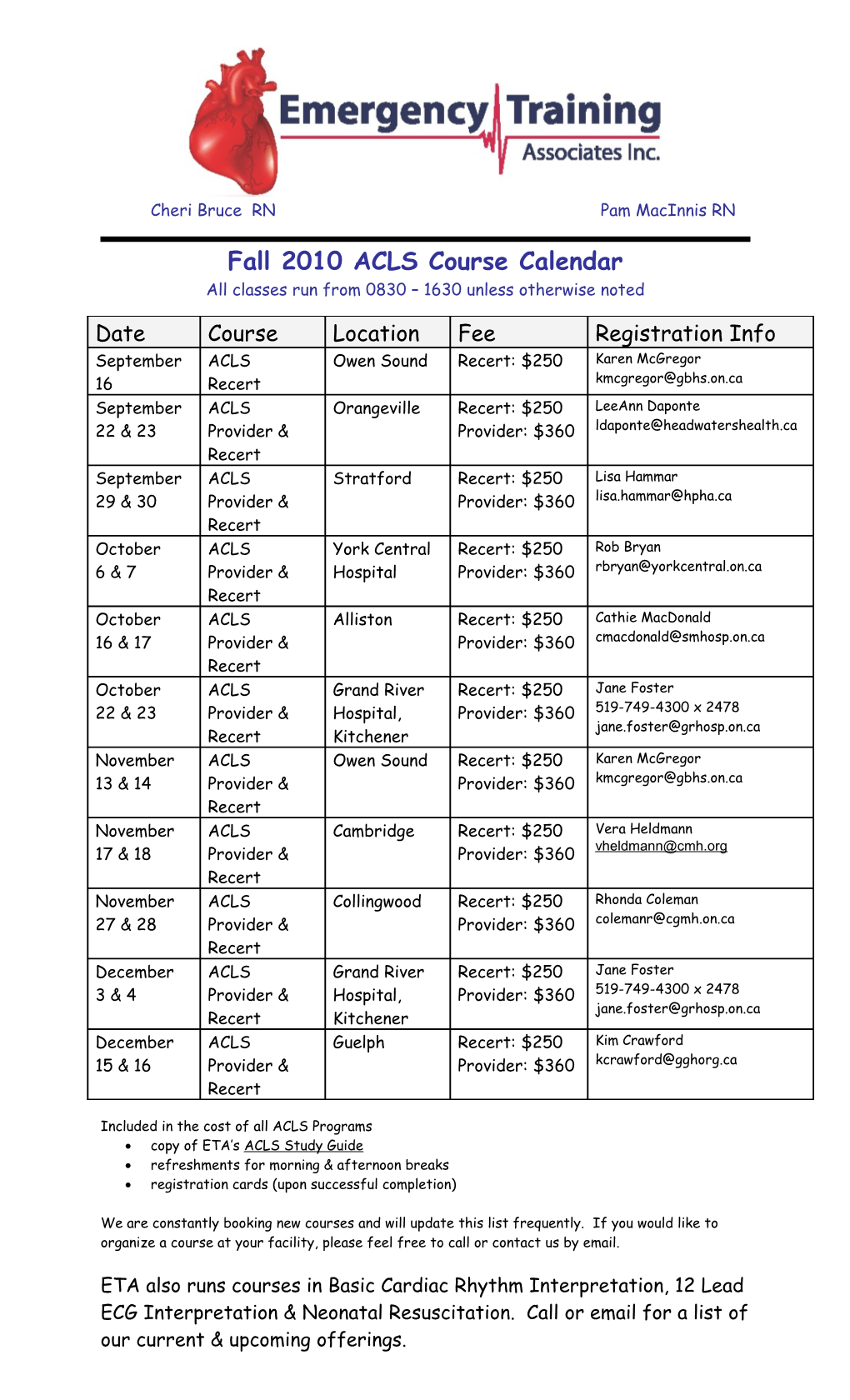 Fall 2010 ACLS Course Calendar