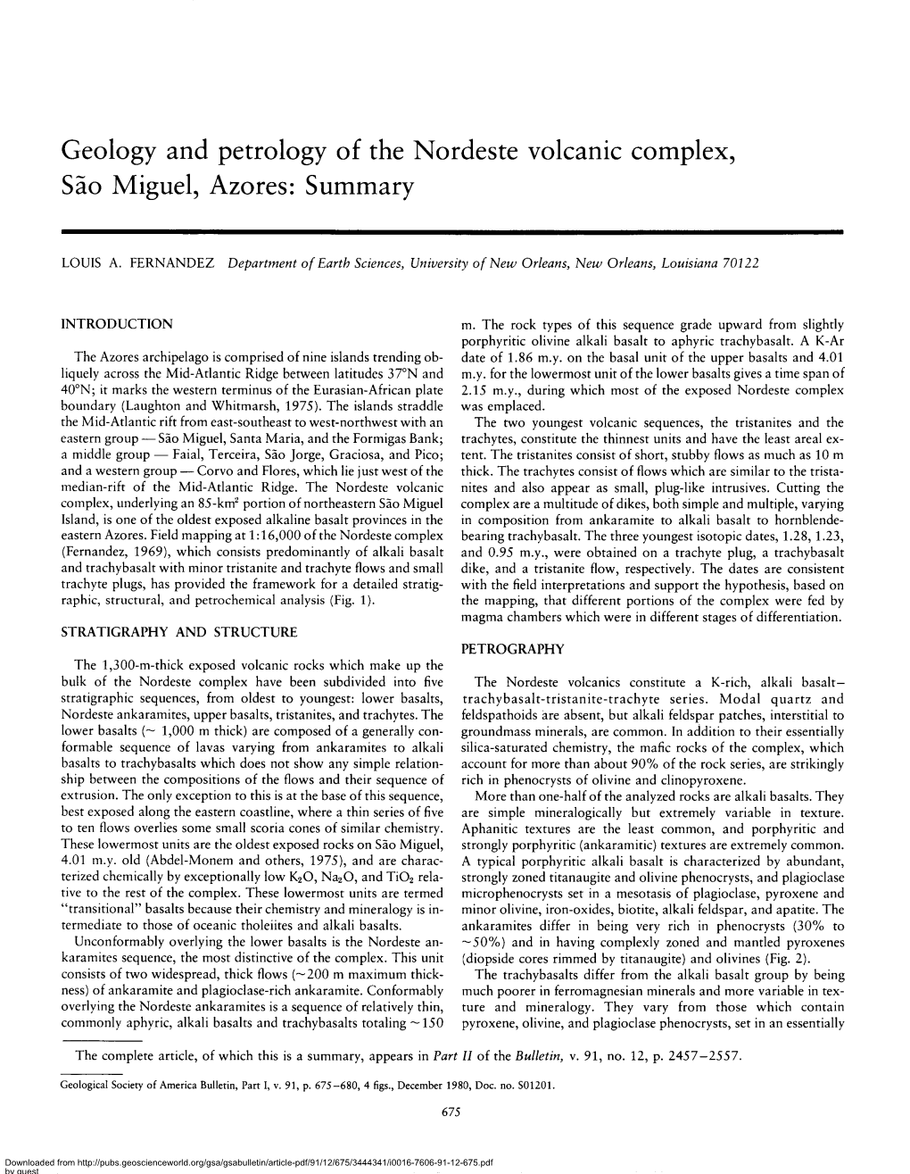 Geology and Petrology of the Nordeste Volcanic Complex, Sao Miguel, Azores: Summary