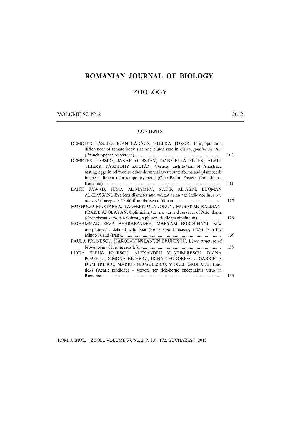 Romanian Journal of Biology1 Zoology