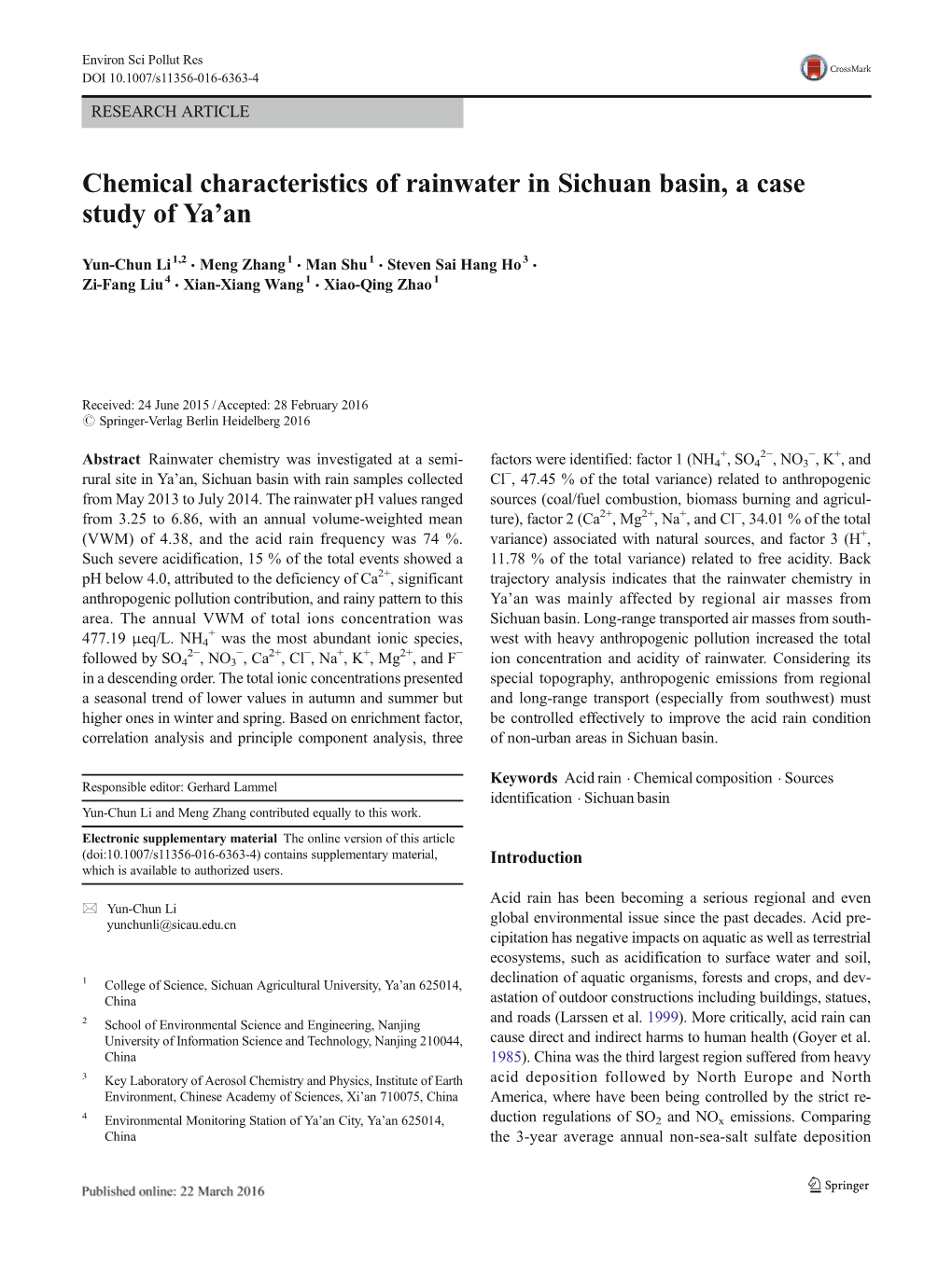 Chemical Characteristics of Rainwater in Sichuan Basin, a Case Study of Ya’An