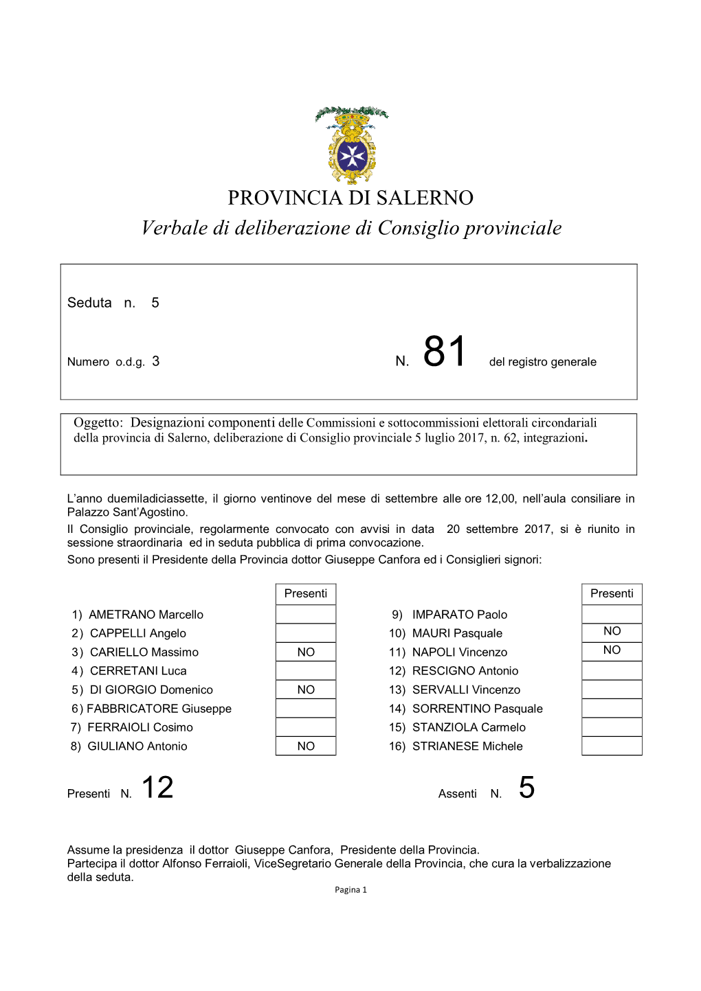 PROVINCIA DI SALERNO Verbale Di Deliberazione Di Consiglio Provinciale