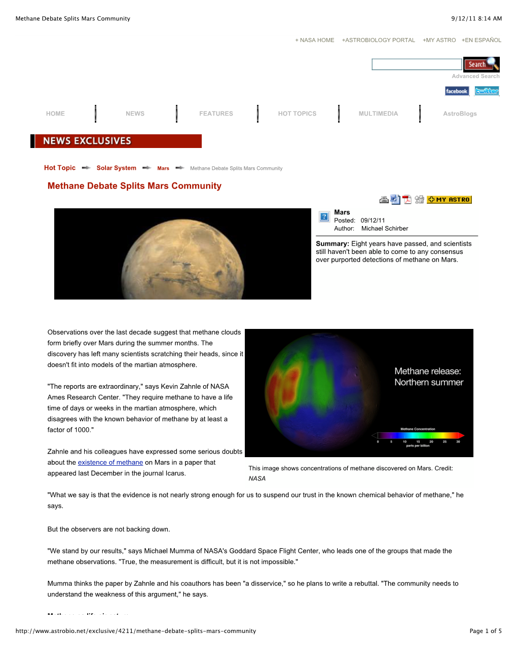 Methane Debate Splits Mars Community 9/12/11 8:14 AM