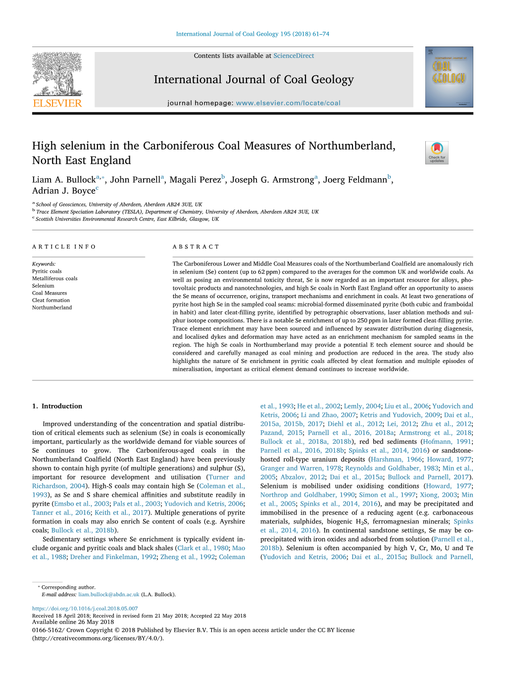 High Selenium in the Carboniferous Coal Measures of Northumberland, North East England T ⁎ Liam A