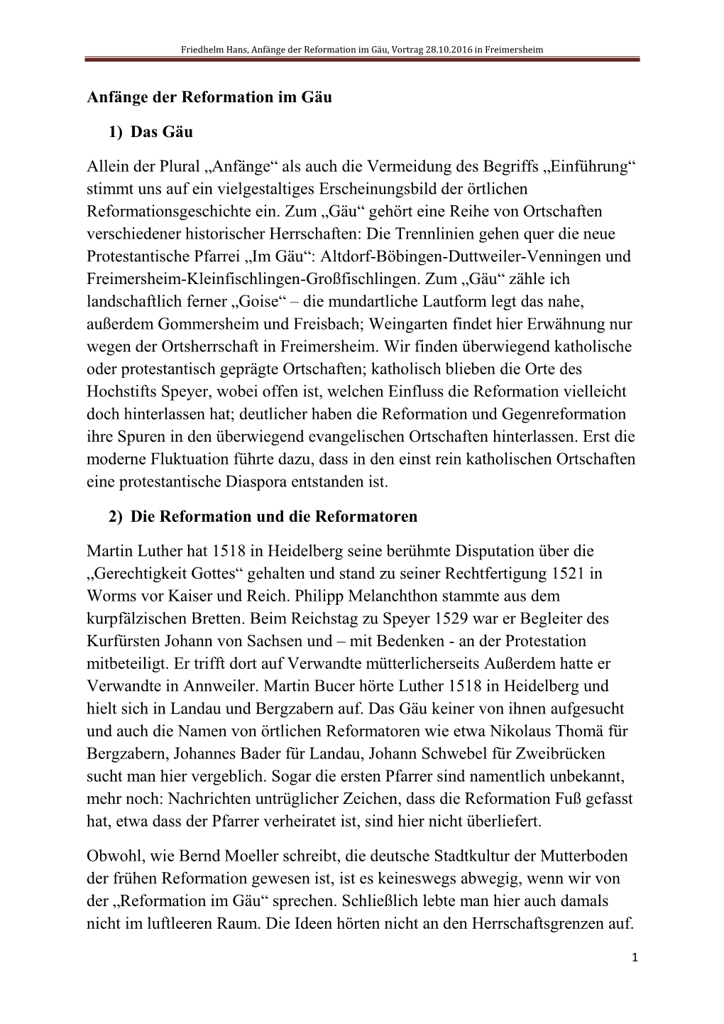 Friedhelm Hans, Anfänge Der Reformation Im Gäu, Vortrag 28.10.2016 in Freimersheim