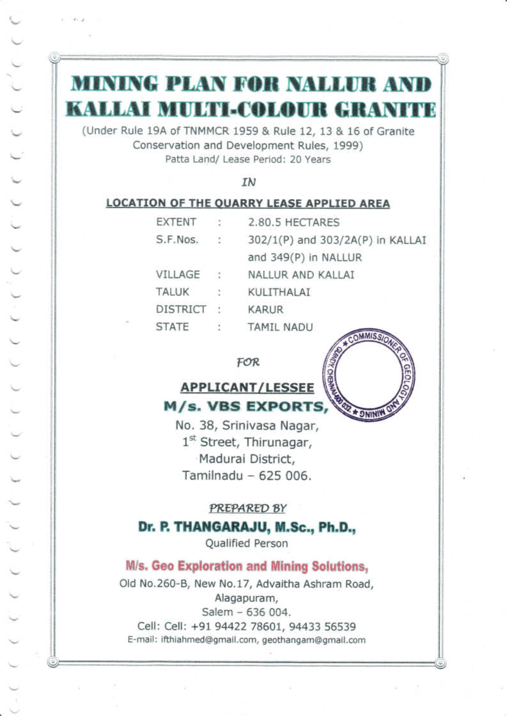 Mining Plan for Nallur and Kallai Multi-Colour Granite