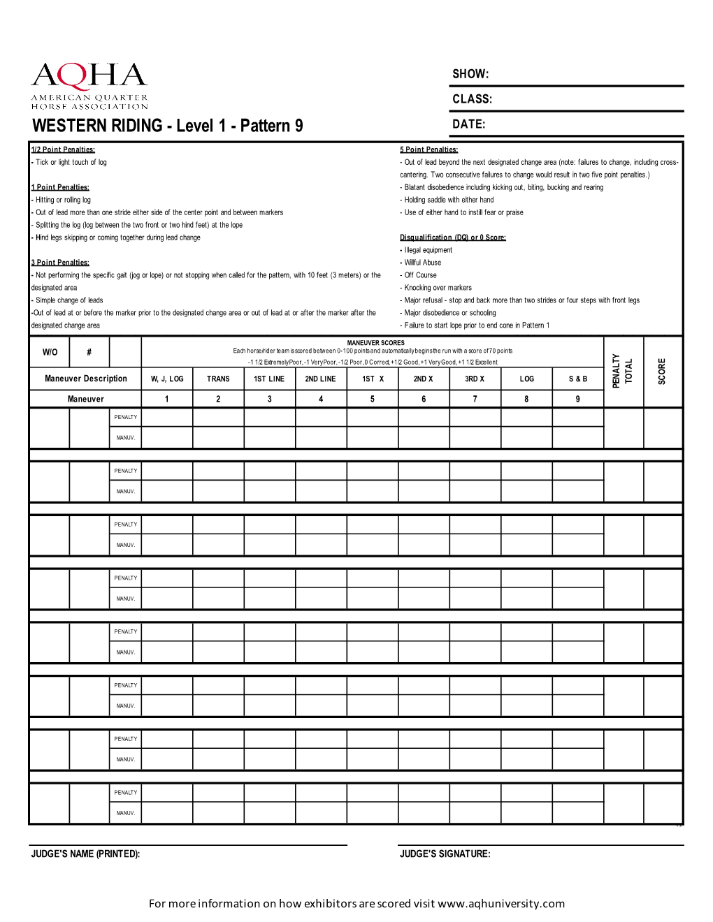 Western Riding Level 1 Score Sheet Pattern 9