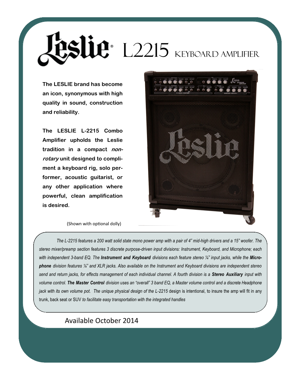 L2215 Keyboard Amplifier Available October 2014