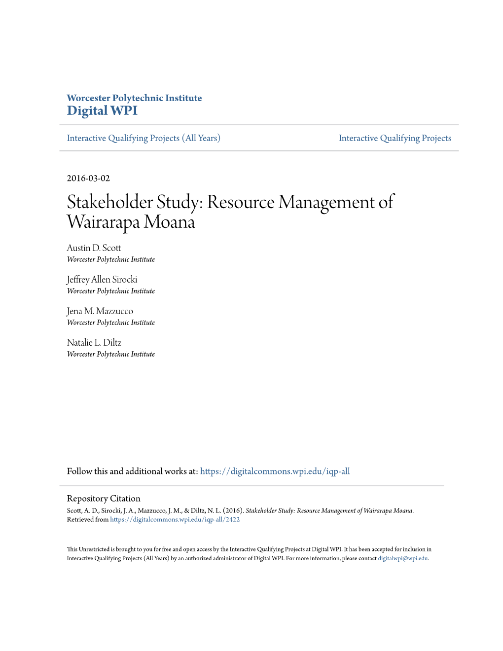 Stakeholder Study: Resource Management of Wairarapa Moana Austin D